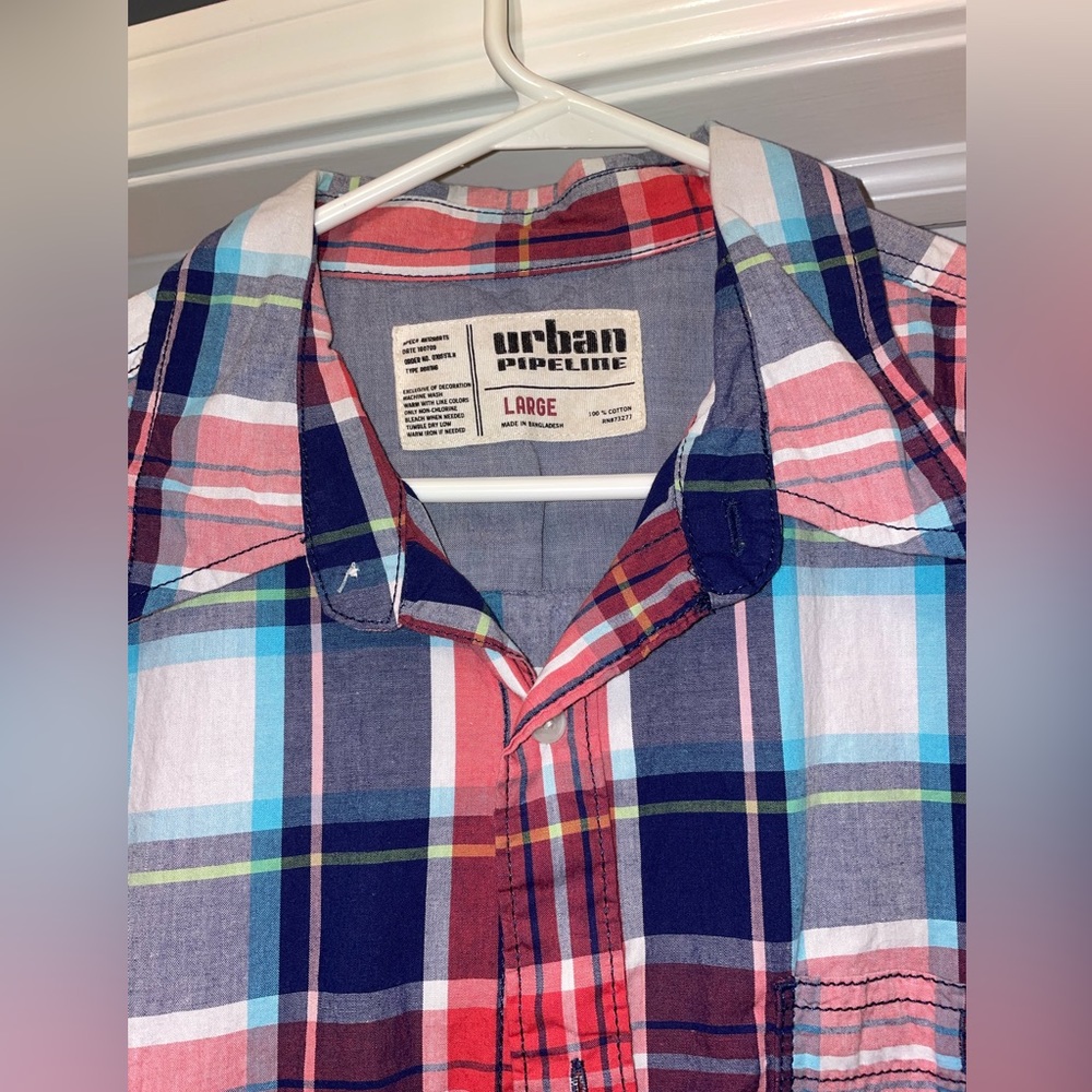 Men’s L Urban Pipeline Casual Short Sleeve Gigham Button-Up Shirt